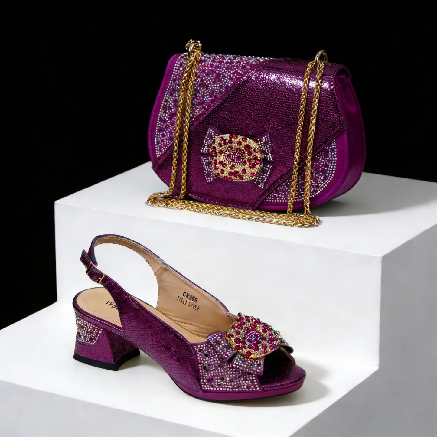 Elegant Purple Rhinestone Peep Toe High Heels for Women - Italian Design Sandals with Matching Handbag Set