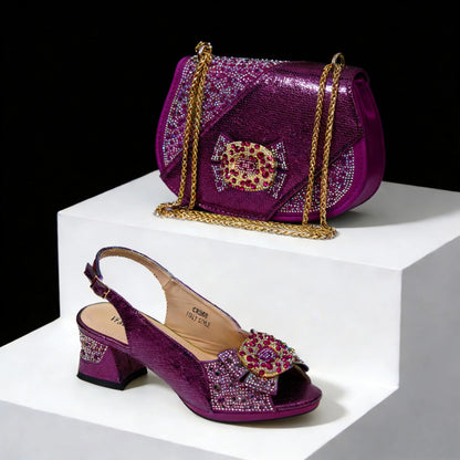 Elegant Rhinestone Peep Toe High Heels for Women - Italian Design Purple Sandals with Matching Handbags