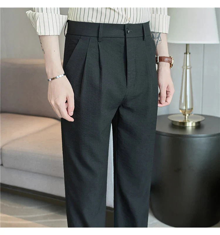 Men's Old Money Style Linen-Cotton Pleated Dress Pants – Lightweight, Semi-Elastic Waist & Wrinkle-Free for Summer