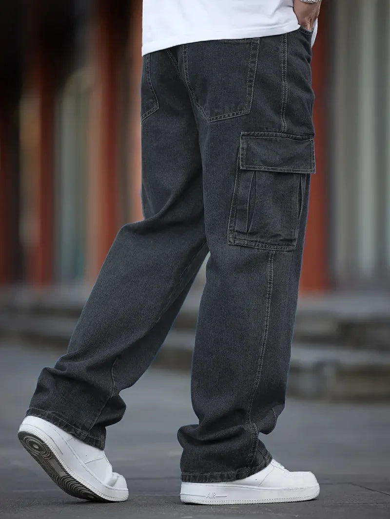 Men's Deep Blue Washed Denim Workwear Jeans Casual Multiple Pockets Design Loose Wide Leg Trousers Y2K Style Cargo Pants