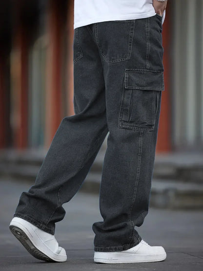 Men's Deep Blue Washed Denim Workwear Jeans Casual Multiple Pockets Design Loose Wide Leg Trousers Y2K Style Cargo Pants