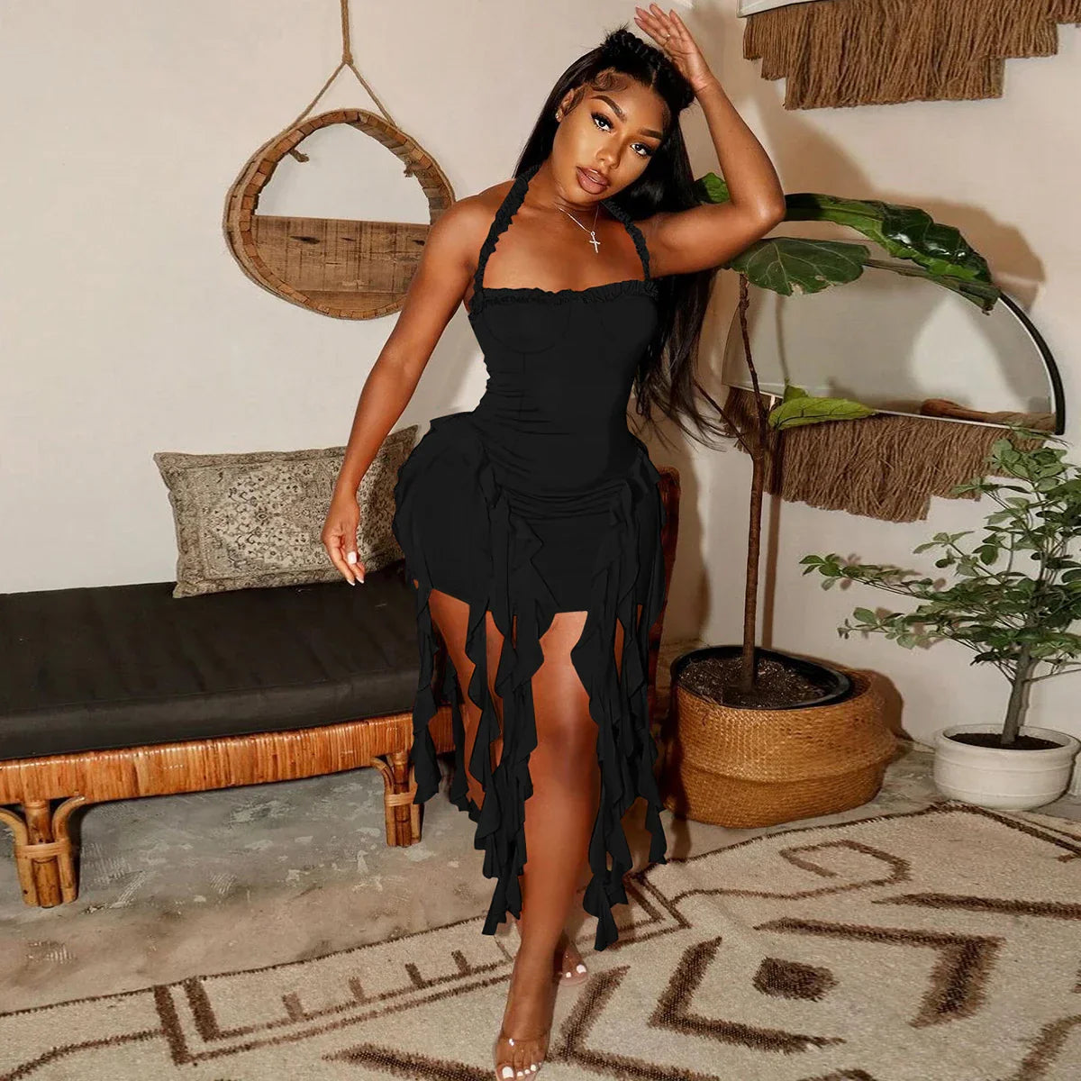 Elegant Halter Solid Ruffles Backless Taseel Sexy Slim Mini Dress Spring Women Cute Outfits Birthday Party Vacation