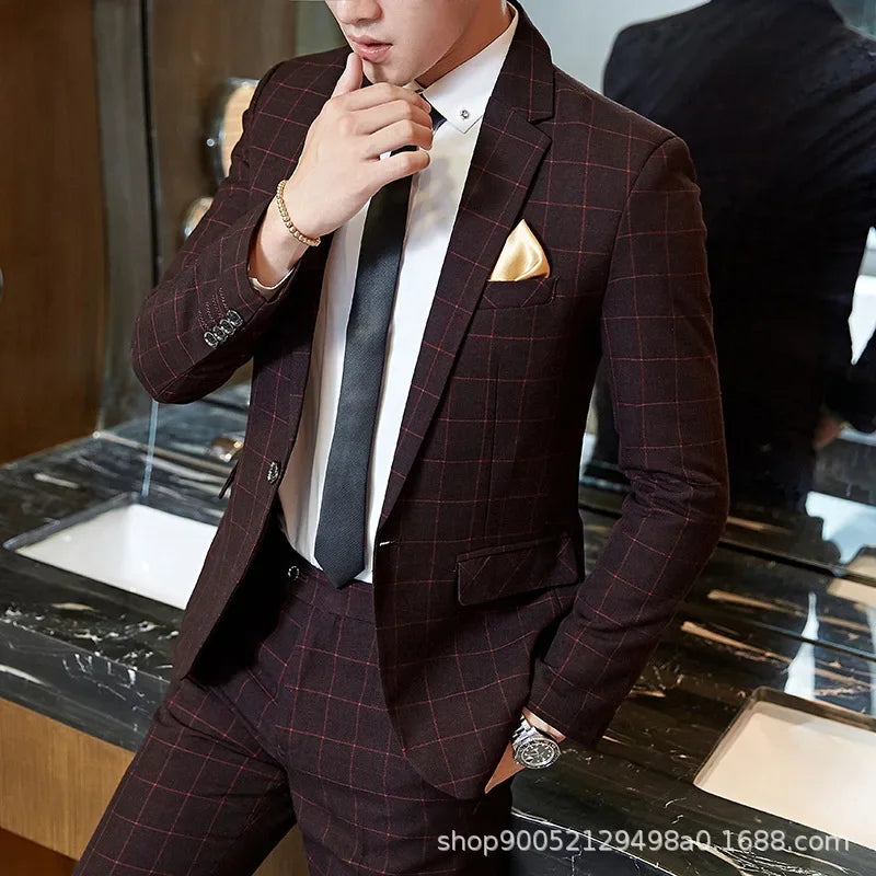Men's Slim Fit Plaid Wedding Suit Jacket Korean Style Business Casual Single-breasted Suit with Set Wedding Groomsmen Wear