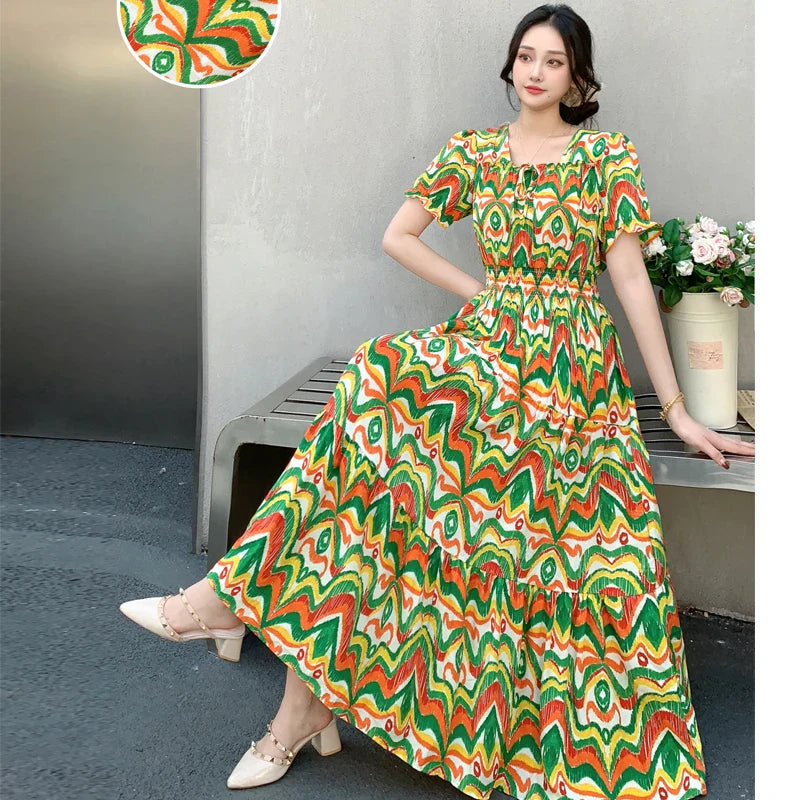 Summer New Cotton Silk Floral Print Maxi Dr ort Sve Beachwear High Waist Young Women's Large Skirt Swing Dr