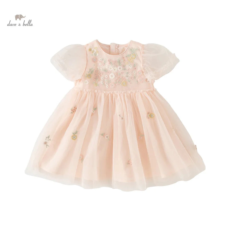 Children's Princess Dress for Girls 2025 New Summer Floral Puff Sleeves Mesh Charm Noble Cute Sweet Party DB2240549