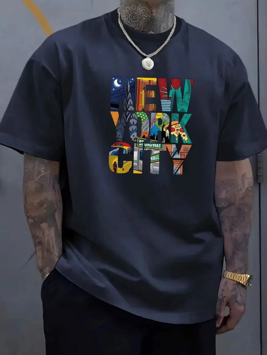 European and American men's summer personalized New York letter print soft and breathable round neck T-shirt outdoor casual top