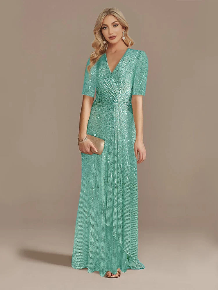Luxury Floor Length V-Neck Evening Dress 2025 Women Elegant Party Maxi Dress Sequin Short Sleeves Prom Cocktail Gowns