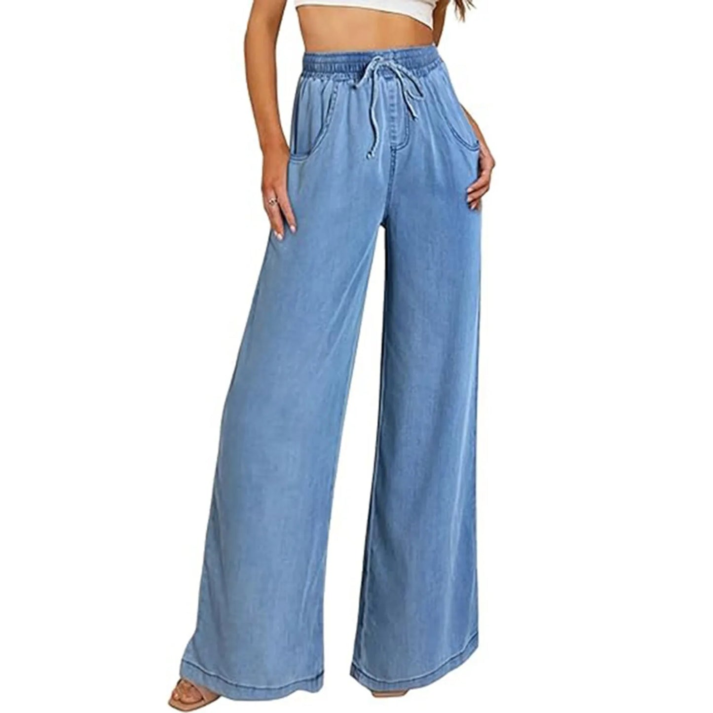 Women summer loose straight jeans drawstring pocket Sweatpants