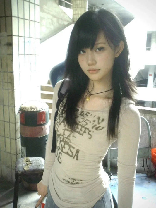 Japanese Y2k Letter Print T-shirt Trashy 2000s Style Long Sleeve Ribbed Tops Vintage Harajuku Streetwear American Retro
