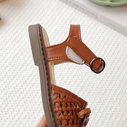 Kids Summer Casual Sandals Sweet Bow Girls Woven Flat Shoes Non-slip Children's Hollow-out Beach Sandals for School Daily Wear