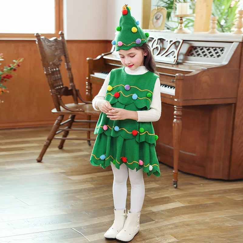 2024-2025 Girl Chritmas Tree Cosplay Costume 2 Pieces Set Dress+Hat Adorable Xmas Party Clothing Toddler St.Nicholas Day Apparel