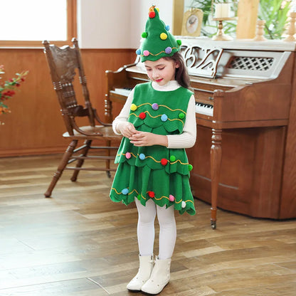 2024-2025 Girl Chritmas Tree Cosplay Costume 2 Pieces Set Dress+Hat Adorable Xmas Party Clothing Toddler St.Nicholas Day Apparel