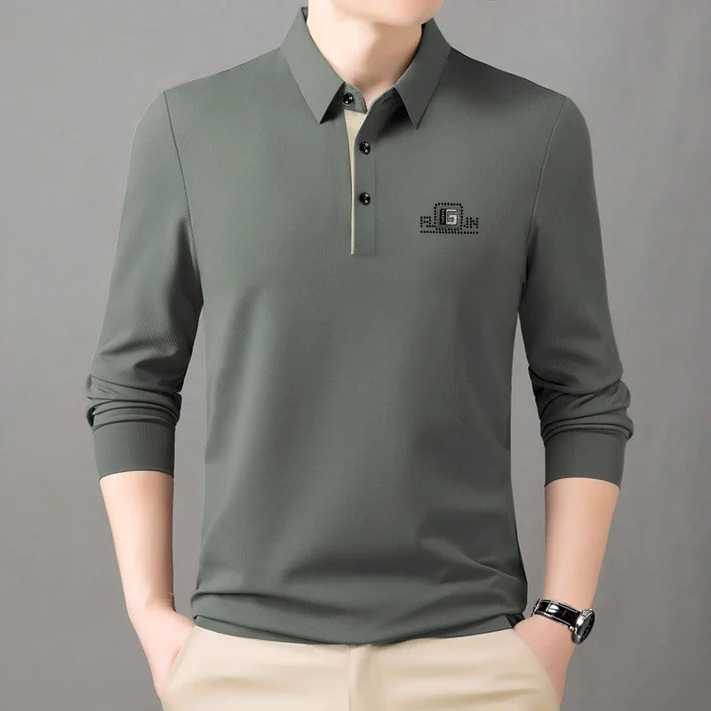 High End Brand Quality Men's Polo Shirt Autumn Exquisite Solid Color Letter Print Lapel Long Sleeve Business Classic Menswear