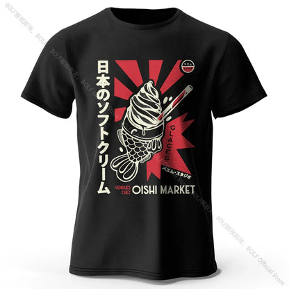 Japanese Foodie Print 100% Cotton T-Shirt, Soft & Breathable Round Neck Short Sleeve Tee, Unisex Cute & Cultural Style