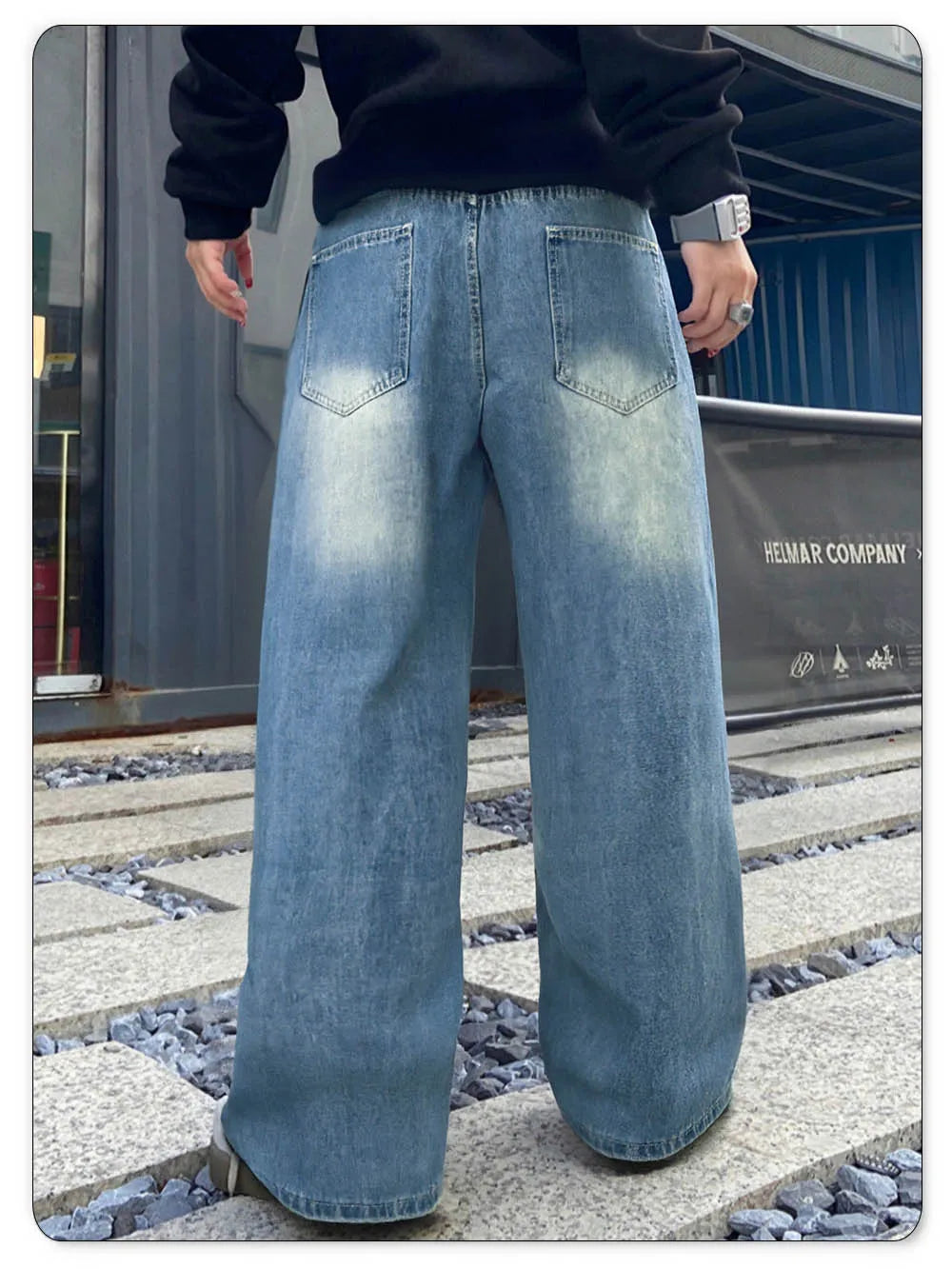 LIYS American Retro Blue Baggy Wide Leg Men's Jeans Four Seasons Street Straight Casual Ripped Denim Pants Youth Clothes Unisex
