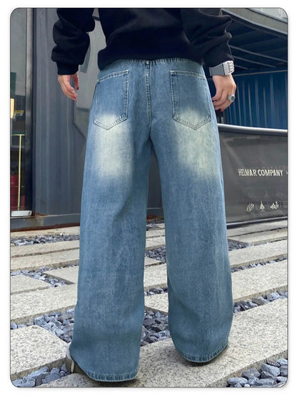 LIYS American Retro Blue Baggy Wide Leg Men's Jeans Four Seasons Street Straight Casual Ripped Denim Pants Youth Clothes Unisex