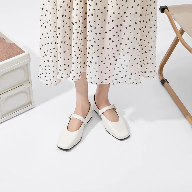 Mary Jane Shoes Female Genuine Leather 2026 New Snap Ballet Shoes Women Square Toe Flat Cowhide Ladies Shoes