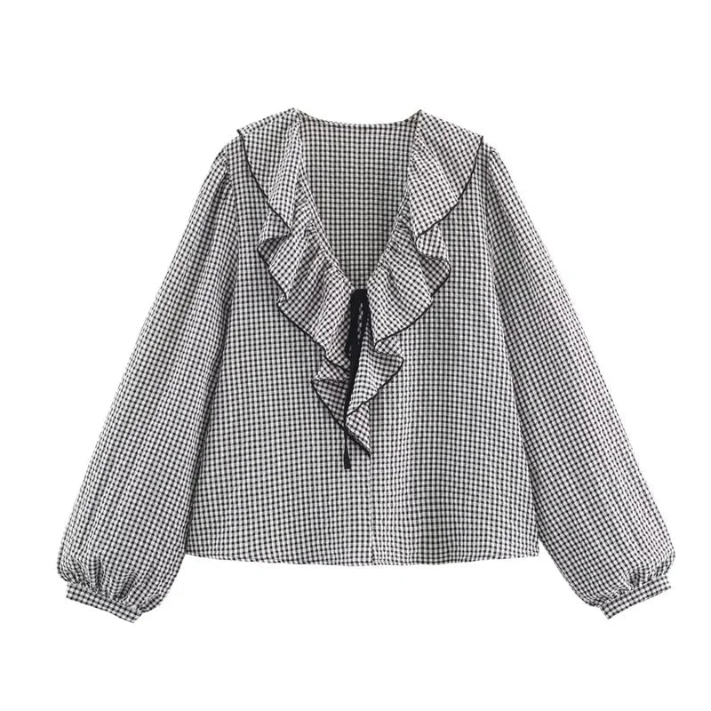 Elegant Fashion Chidori Plaid Ruffles Chiffon Shirt Spring 2025 Ruffled Neck Long Butterfly Sleeve Loose Tops Women's Clothing