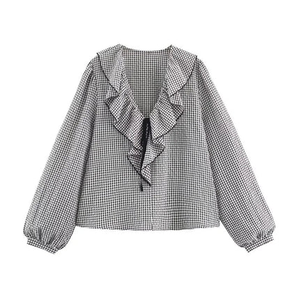 Elegant Fashion Chidori Plaid Ruffles Chiffon Shirt Spring 2025 Ruffled Neck Long Butterfly Sleeve Loose Tops Women's Clothing