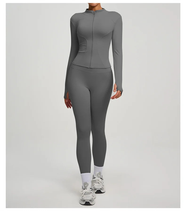 Yoga Coat Sports Top Long Sleeve Jacket Fitness Breathable Women's Tracksuit High Waist Leggings Two Piece Set Gym Clothes