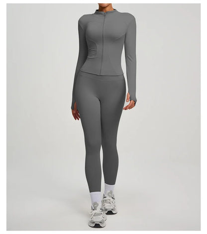 Yoga Coat Sports Top Long Sleeve Jacket Fitness Breathable Women's Tracksuit High Waist Leggings Two Piece Set Gym Clothes