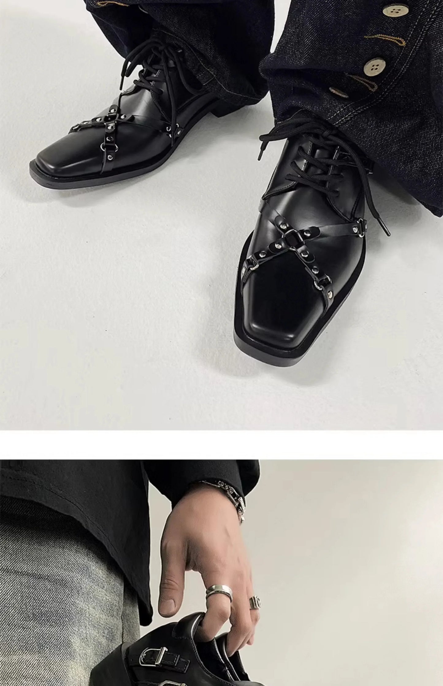 Men's formal leather shoes pointed niche design dark style Oxford shoes strap metal decoration business casual derby shoes