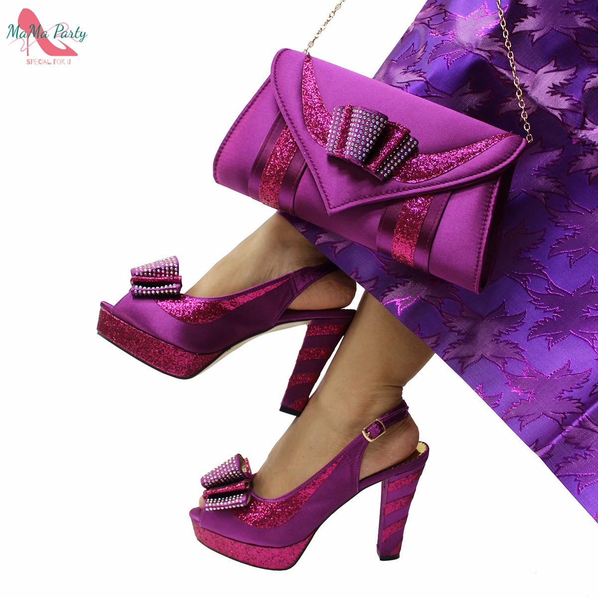 Fashion Pretty Peep Toe African Women Shoes Matching Bag Set in Silver Color Elegant Style Platform Sandals for Party