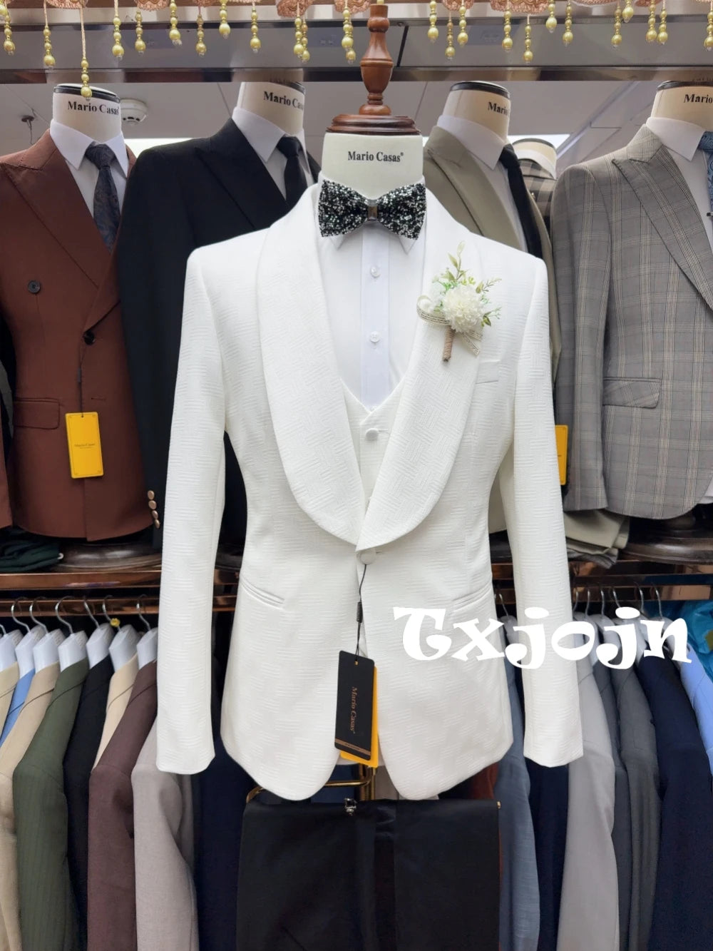 Conjunto de terno jacquard branco completo 3 peças para homens Conjuntos de noivo de casamento Terno masculino elegante com lapela xale Smoking de festa P-3XG