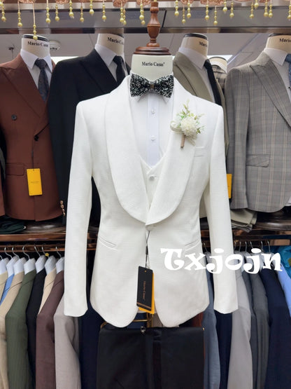 Conjunto de terno jacquard branco completo 3 peças para homens Conjuntos de noivo de casamento Terno masculino elegante com lapela xale Smoking de festa P-3XG