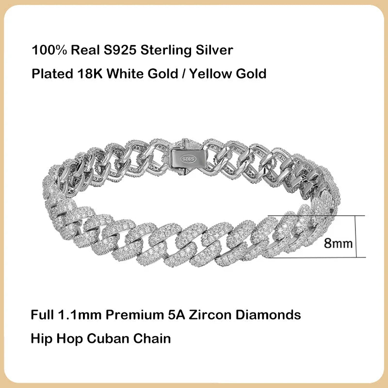 S925 Sterling Silver Plated 18K Gold Cuban Bracelet for Women Men High Carbon Zircon Diamond Bracelets Hip Hop Link Chain
