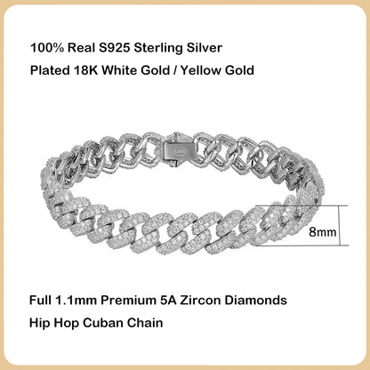 S925 Sterling Silver Plated 18K Gold Cuban Bracelet for Women Men High Carbon Zircon Diamond Bracelets Hip Hop Link Chain