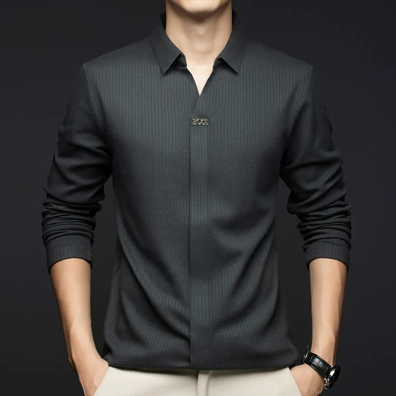 Men's Business Casual Solid Color Stretch V-neck POLO Shirt Daily Commute Striped Sweater for Fall 2024.