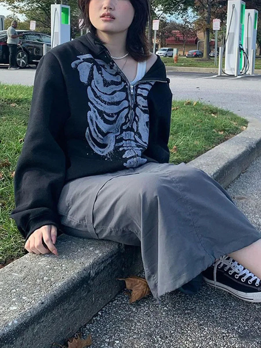 Halloween Women Spring Autumn Casual Hooded Coat Long Sleeve Skull Print Zipper Hoodie Grunge Long Sleeve Top Gothic Sweatshirt