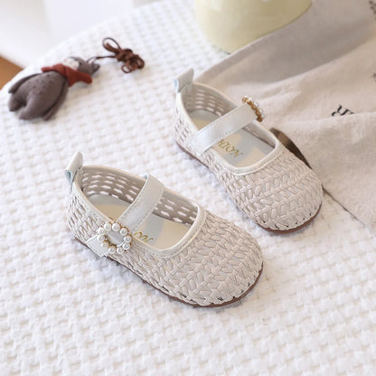 Spring Girl's Sandals Braided Pearl Hook-loop Chic Kid's Flat Shoe Solid Colors Anti-slip Casual Versatile Children Shoes 4-6Y