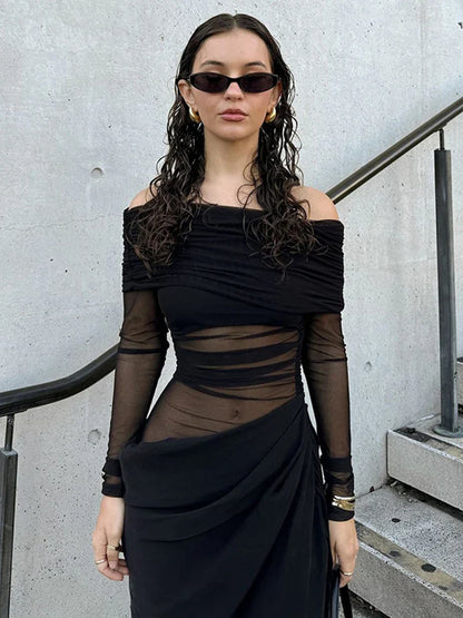 Dress Women 2025 Spring Patchwork Mesh Elegant Slash Neck Ruched Fit Chic Birthday Party Festival Vacation Vestidos