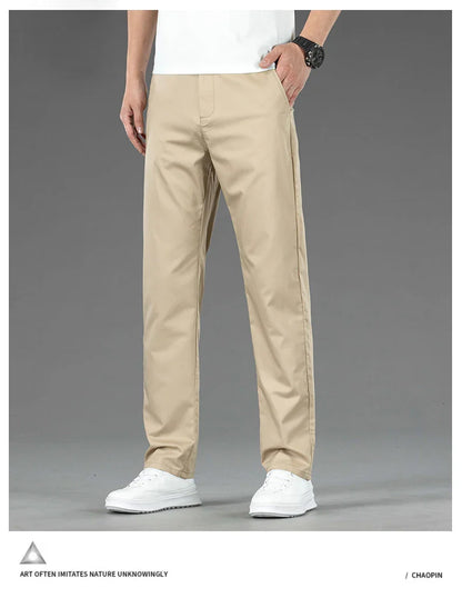 Spring Summer New Men's Casual Pants Thin Mulberry Silk Soft Business Casual Trousers Slim Straight Elastic Suit Pants Male