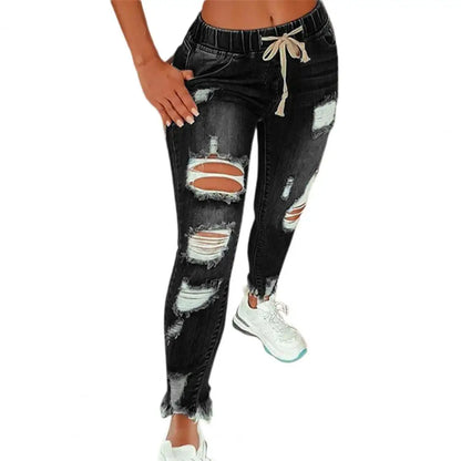 Stretchy Ripped Hole Jeans Women Straight Denim Trousers