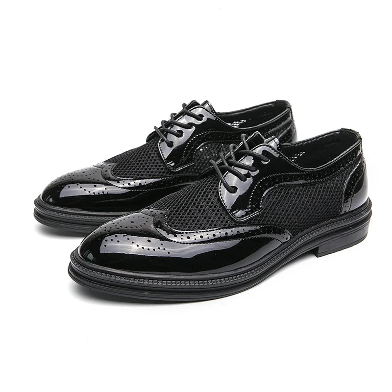 Fashion Derby Leather Men Shoes Summer Breathable White Brogue Lace Up Solid Dress Shoes Business Casual Party Wedding Shoes Men