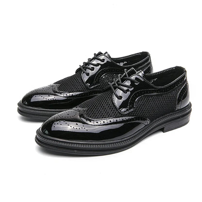 Fashion Derby Leather Men Shoes Summer Breathable White Brogue Lace Up Solid Dress Shoes Business Casual Party Wedding Shoes Men