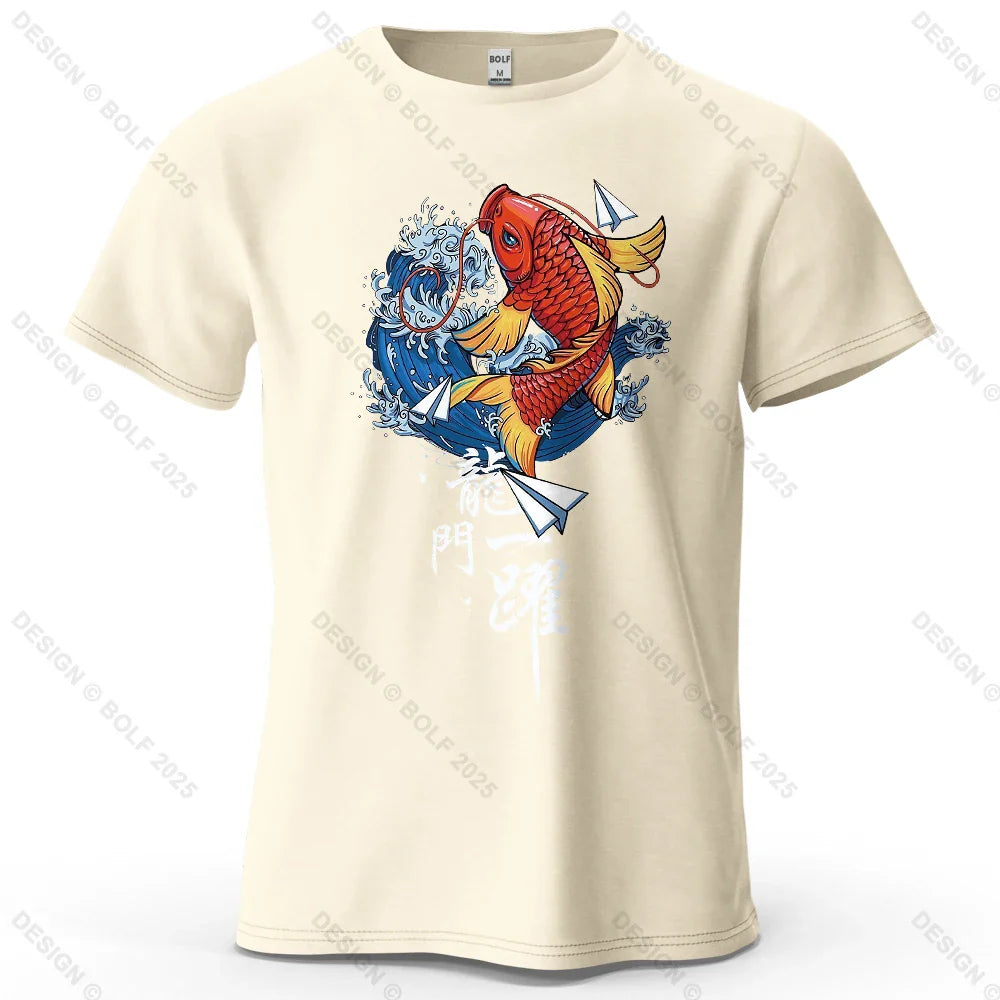 Dragon Gate Leap Printed Men's T-Shirt 100% Cotton Oversized Carp Good Luck Graphic Tees for Women Tops Tees Streetwear