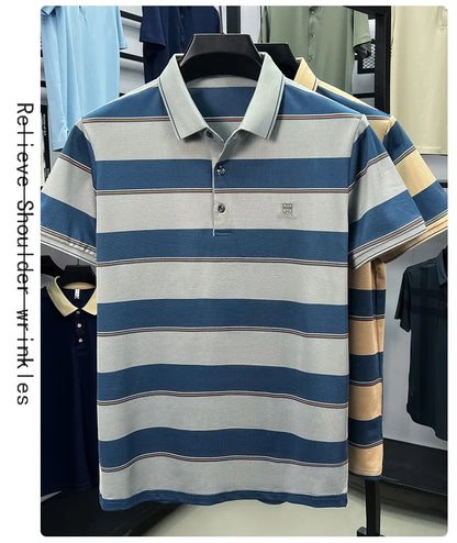 Light luxury striped color blocked short sleeve polo shirt brand symbol emboss high-end casual summer silky smooth men's T-shirt
