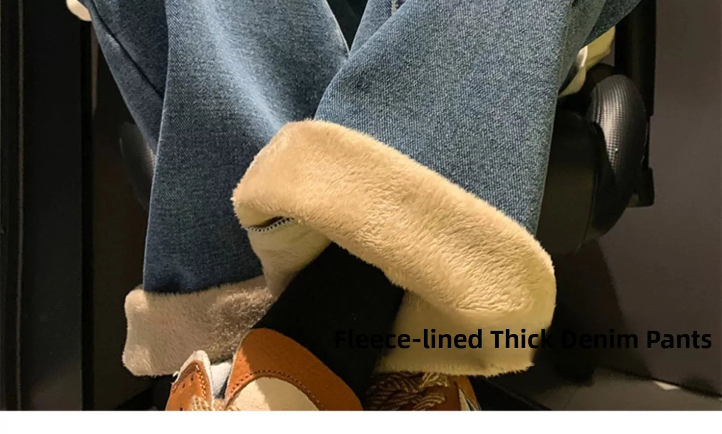 Thiened Fce Dstring Jeans Women's Winter New Sle Warm Straight Leg Loose Wide Leg High Waist Jeans Cotton Stretch D...