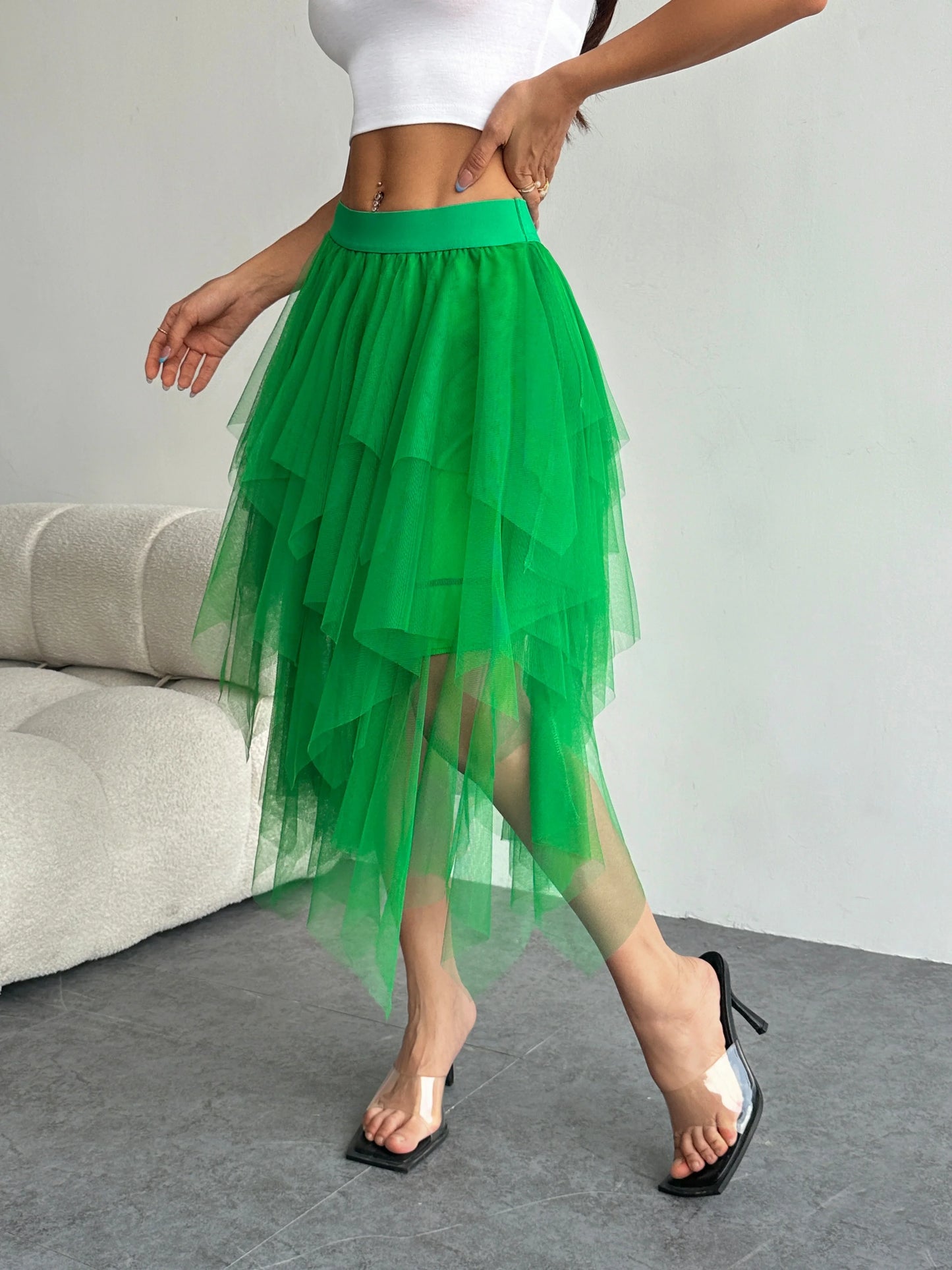 Ladies' high waisted elastic waist layered chiffon midi skirt with irregular asymmetric hem party casual mesh fairy ballet skirt