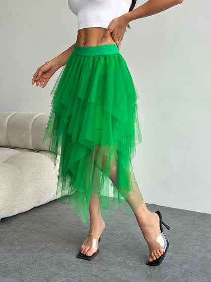 Ladies' high waisted elastic waist layered chiffon midi skirt with irregular asymmetric hem party casual mesh fairy ballet skirt