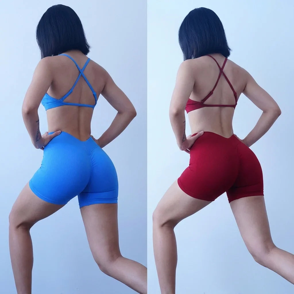 Women's Seamless Quick Dry Fitness Set Sports Bra And Hip Lifting V-Waist Yoga Shorts Pilates Training Clothing Gym Set