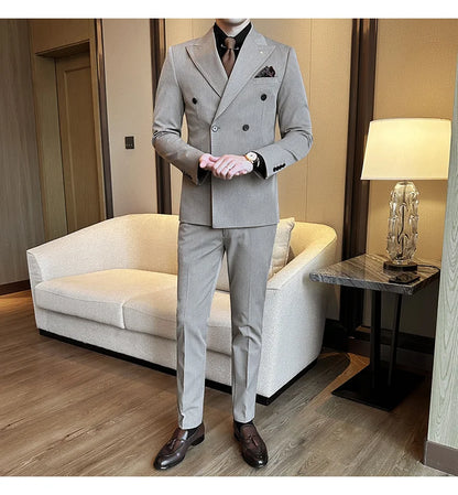(Jackets+Pants) Luxury Double Breasted Design Slim Fit Suit High Quality Fashion Men's Wedding Social Suit Tuxedo 2 Piece Set