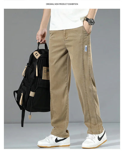 Summer Thin Men's Loose Straight Jeans Lyocell Soft Drape Business Casual Trousers Classic Smoke Gray Brand Ice Silk Denim Pants