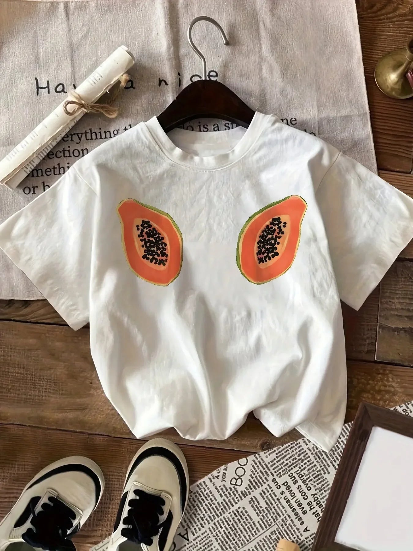 Summer American Retro Ins Papaya Print Round Neck Short Sleeve T-shirt New Style 2025 Suitable for Women Daily Clothing Tops