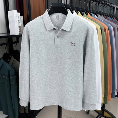 Fashion brand autumn new men's top casual warm 100% cotton long sleeved Polo shirt