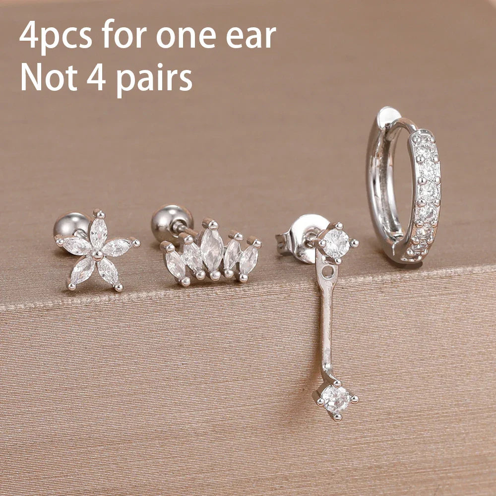 4PCS Stainless Steel Circle Huggie Hoop Earrings Set for Women Gold Color Unique Zircon Flower Stud Earring Piercing Jewelry
